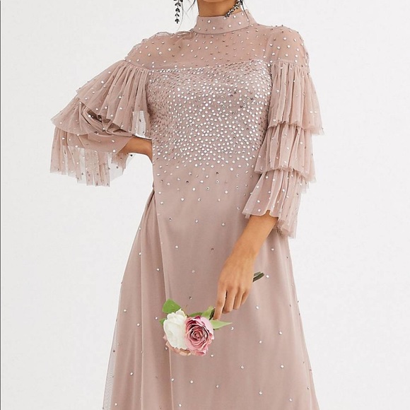 chinese dress ladies Rent ASOS DESIGN Allover Sequin Cup Detail Maxi Dress With Lace Waist  Detail In Blue